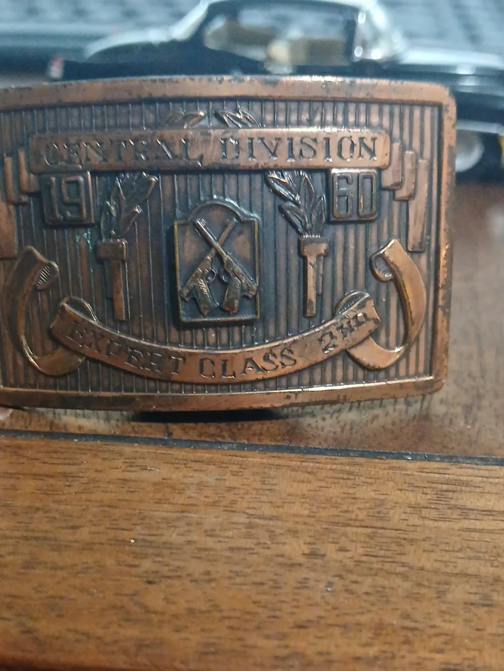 Vintage 1960 Central Division Expert Class Handgun Copper Belt Buckle